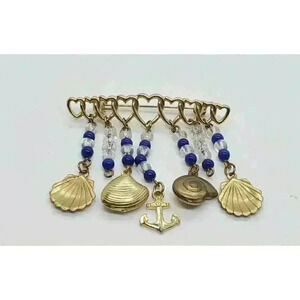 Vintage Heart Charm Brooch Gold plated Ocean Seashell Anchor Navy Dangle